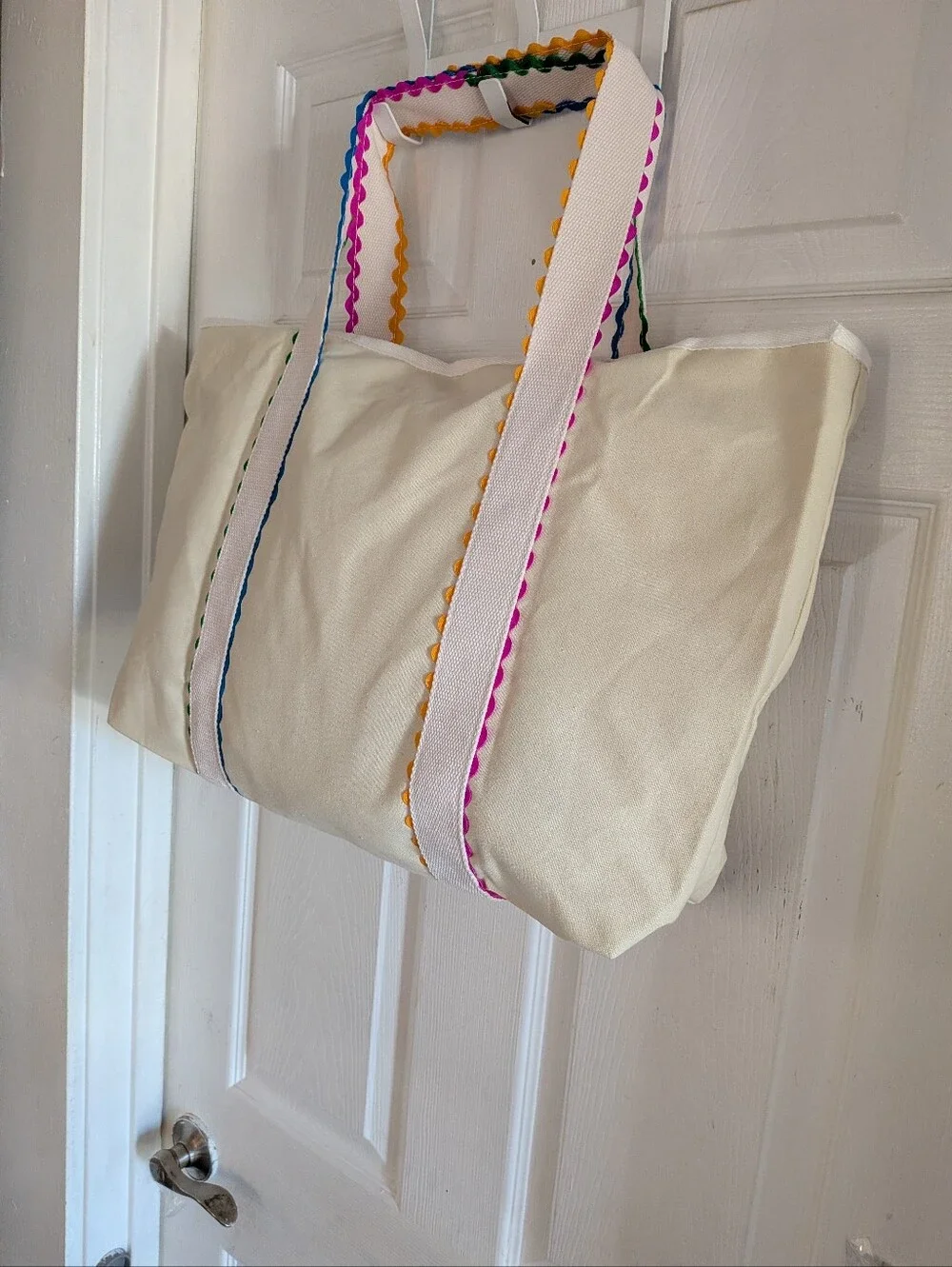 NWT- Cream Canvas Tote Bag with Rainbow Rick Rack Trim- Large
